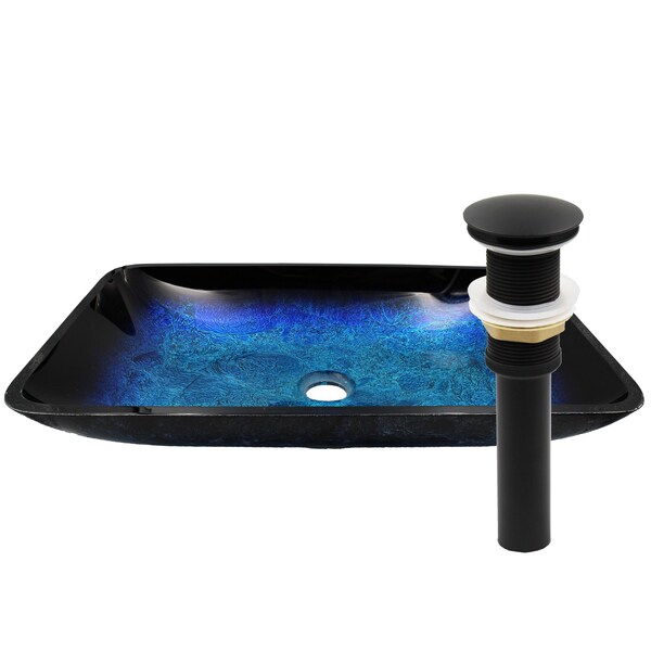 Novatto FRESCA Blue and Black Glass Vessel Bath Sink Set in Matte Black NOHP-G19034MB - main